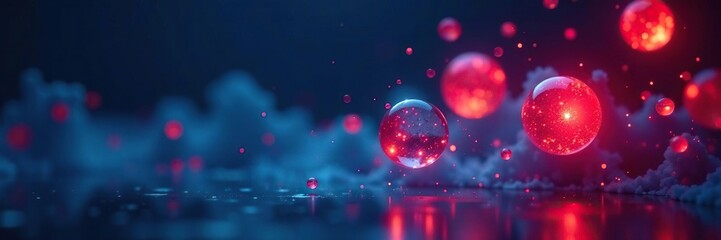 Wall Mural - red and blue glowing bodies suspended in air against dark background, blue, air