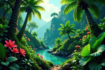 A stunning landscape of a tropical forest with lush green foliage and vibrant colors, botanical, nature, outdoor