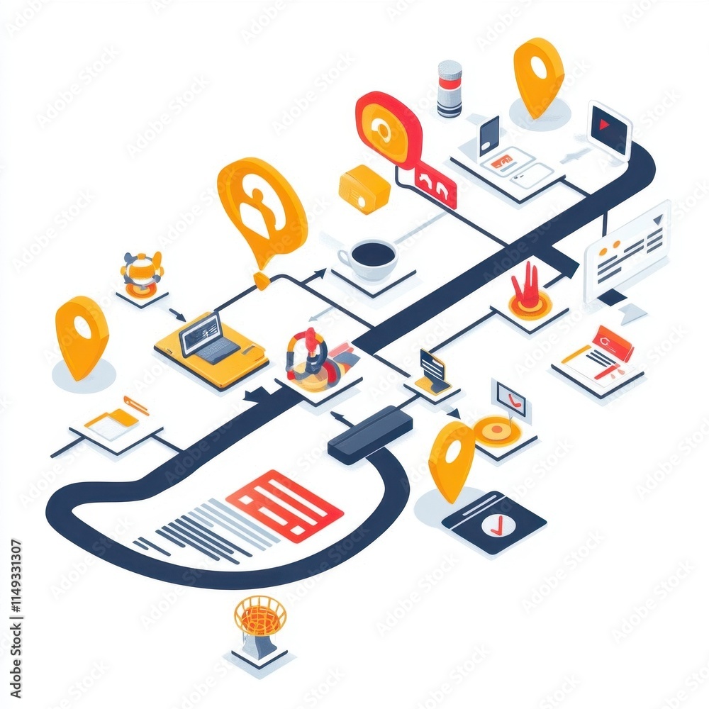 A map of a city with many different icons and symbols. The map is a ...