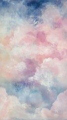 Wall Mural - A painting of a cloudy sky with a pinkish hue. The sky is filled with clouds of various sizes and shapes, creating a sense of depth and movement. The colors are soft and muted