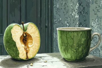 Canvas Print - A surreal still life featuring a half-cut green apple beside a mottled green cup, set against a textured wallpaper background.