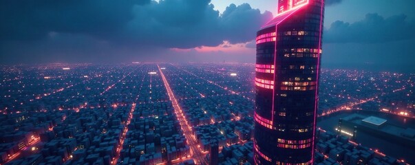 Wall Mural - futuristic skyscraper with a glowing virtual rooftop, city, glowin, dimension