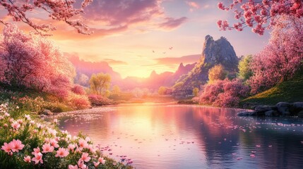 Canvas Print - spring landscape with river with flowers at sunrise