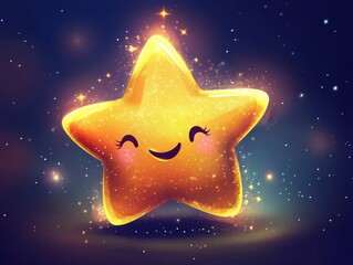 Wall Mural - a cartoon star with a smile on its face is surrounded by glitter. the star is bright and cheerful, a