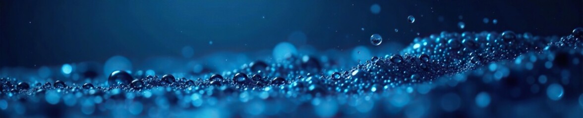 Wall Mural - Water droplets suspended in a dark blue background, profound, space