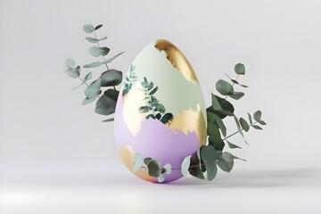 Decorative Pastel and Gold Easter Egg with Eucalyptus Foliage in Minimalist. ideal for renewal, spring and artistic decoration.