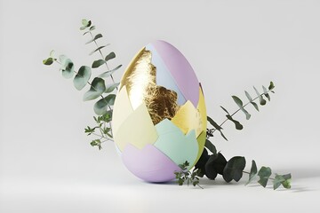 decorated Easter egg with pastel colors of mint green, yellow, lavender, beige and gold leaf. white background, surrounded by eucalyptus branches. ideal for spring, holiday and decorative themes.