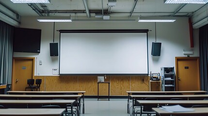 Poster - Empty classroom with projector screen, desks, and chairs.