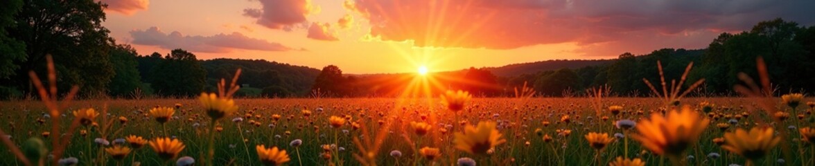 the sun rises above the treetops, casting a warm glow on the meadow and wildflowers, sun rise, lands