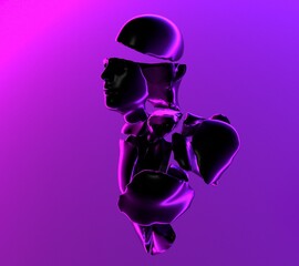 Wall Mural - 3D surrealistic illustration of a shattered statue of a man floating in the air in neon light.