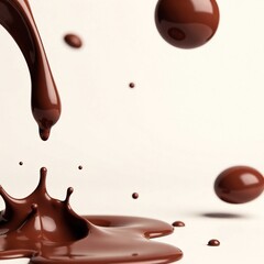 Rich brown chocolate drops suspended in mid-air against a stark white background, liquid, isolated, chocolate splash