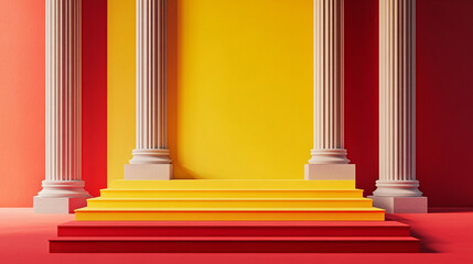 Poster - Colorful stage with columns against vibrant yellow, red, and orange backdrop. 