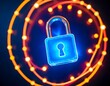 © MstAfrin - A glowing blue padlock with a keyhole, surrounded by sparkling lights and a dark blue background