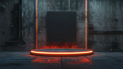 Wall Mural - Dark illuminated platform with neon edge in an industrial space. 