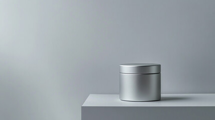 Poster - Silver container on minimalist display against soft gray background. 