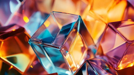 Poster - Colorful glass cubes reflecting light in vibrant tones at close range. 