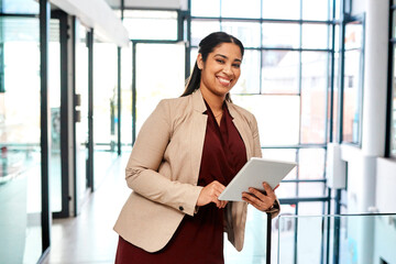 Fototapete - Office, businesswoman and portrait with tablet for research, corporate project and investment info. Career, female person and accountant with happiness for digital review, financial report and online