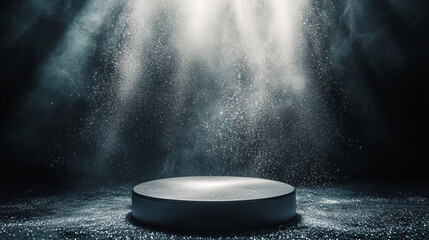 Poster - Mysterious circular platform illuminated by beams of light in a dark space. 