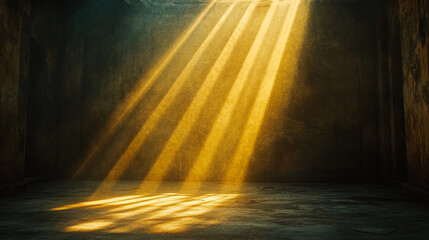 Poster - Golden sunlight streams into an empty room with textured walls and floor. 