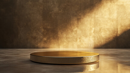Poster - Round golden platform on textured background with warm lighting. 