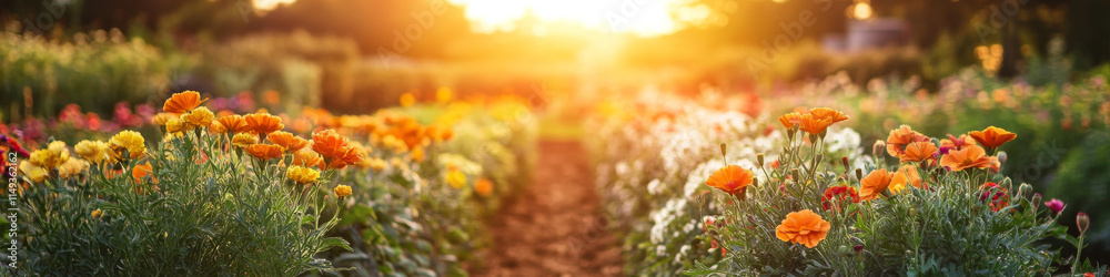 A flower farm in full bloom, with organized rows of blossoms featuring ...