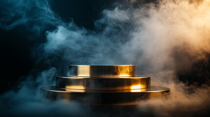 Poster - Golden circular platforms emerge from dramatic smoke in a captivating display. 