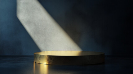 Poster - Spotlight shines on a golden pedestal in a dimly lit room during sunset. 