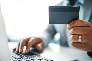 Poster - Business person, credit card and hand with laptop for online shopping, subscription service or sale. Procurement officer, technology and website for ecommerce, internet payment or company purchase