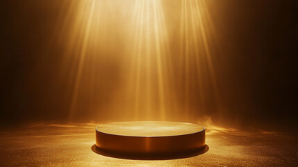 Poster - Golden illuminated platform with dramatic lighting effects in a dark environment. 