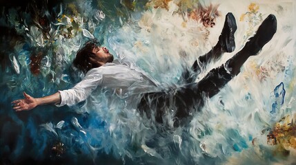 Canvas Print - Surreal Descent: A Man Falling Through a Whirlwind of Color