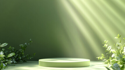 Poster - Circular platform surrounded by greenery with soft light rays in a serene setting. 