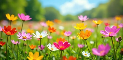 Wall Mural - Colorful wildflowers blooming in a field on a sunny spring day, flowers, petals, spring