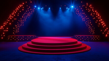Poster - Brightly lit stage with red carpet and illuminated backdrop for performances. 