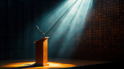 Poster - Spotlight on a wooden podium with a microphone in a dimly lit auditorium. 