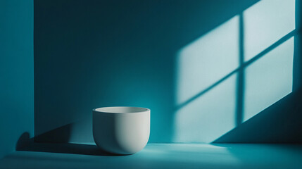 Poster - Artistic arrangement of a white bowl casting shadows on a blue wall. 