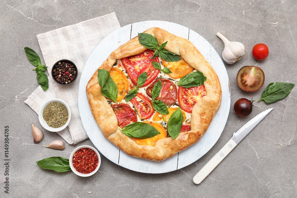 Composition with tasty tomato galette with basil and spices on grunge background
