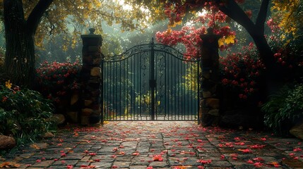 Poster - Mystical Garden Gate: A Serene Autumn Landscape