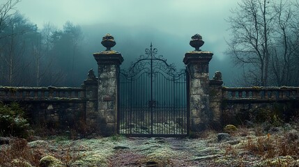 Canvas Print - Ancient Stone Gate in a Foggy Forest