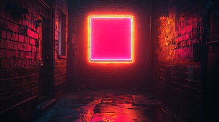 Wall Mural - Neon sign illuminates dark, brick alleyway.