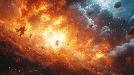 Wall Mural - Fiery cosmic explosion; figures engulfed in flames.