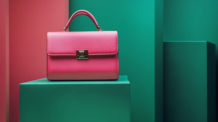 Poster - Elegant pink handbag displayed on colorful geometric blocks in a modern setting. 