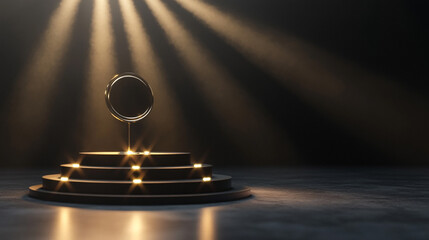 Poster - Spotlight on circular pedestal with dramatic lighting in dark setting. 