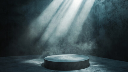 Poster - Stage illuminated by dramatic beams of light in a darkened space. 