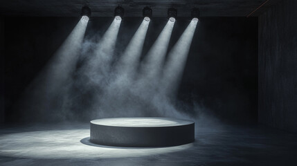 Poster - Stage with bright spotlights and smoke ready for a live performance event. 