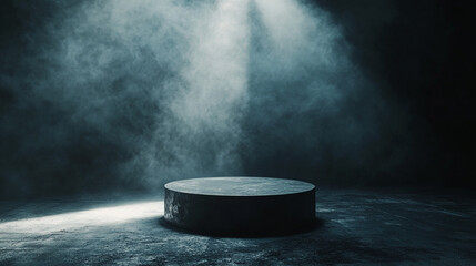 Poster - Empty stage illuminated by spotlight and fog in dark setting. 