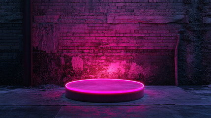 Poster - Neon illuminated circular platform against a textured brick wall at night. 