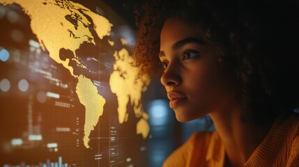 Poster - Young woman gazing at world map with digital interface background