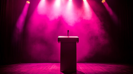 Poster - Spotlight on podium with microphone in empty theater under colored lights. 