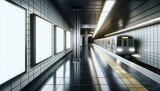 Billboard A subway station platform with three blank advertisement boards on a tiled wall The boards are lit 1