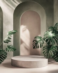 Poster - Minimalist archway with plants and podium.